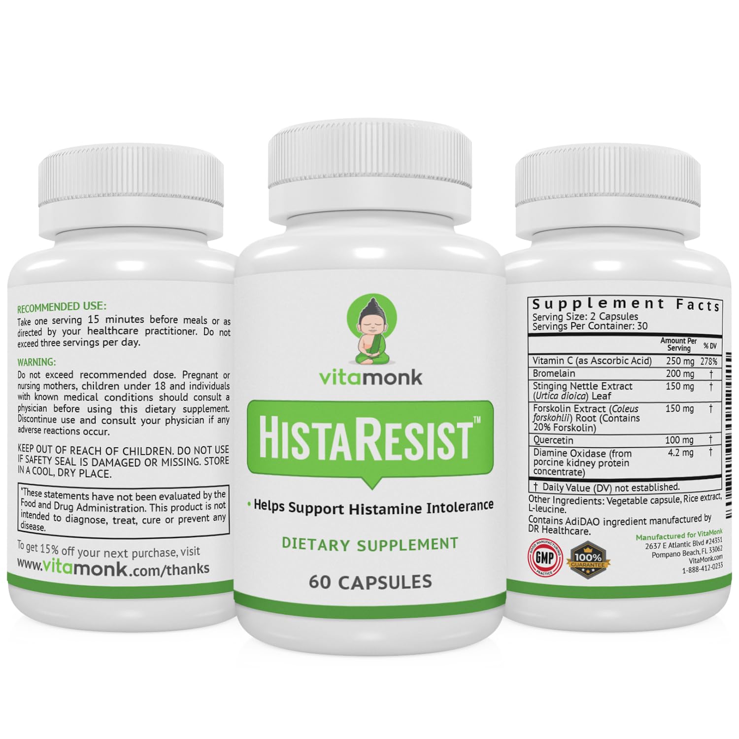 Travel-friendly VitaMonk HistaResist bottle with cap closed for on-the-go support.