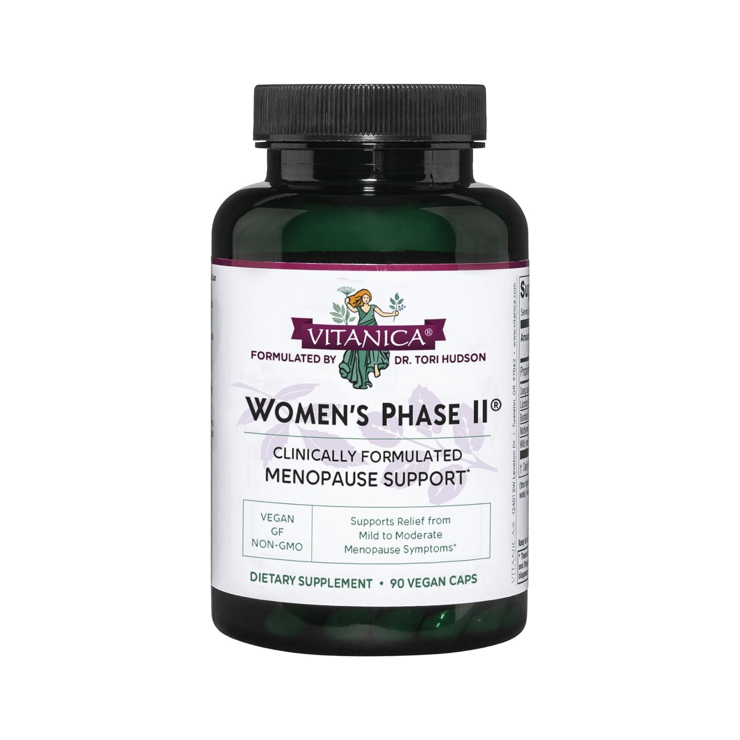 Vitanica Women's Phase II bottle front with vegan menopause support capsules for comfort.