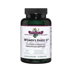 Vitanica Women's Phase II bottle front with vegan menopause support capsules for comfort.