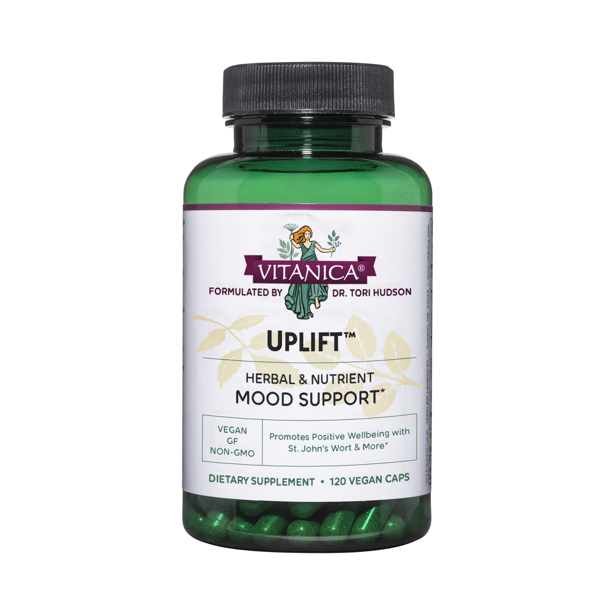 Vitanica Uplift bottle front showing vegan mood support formula