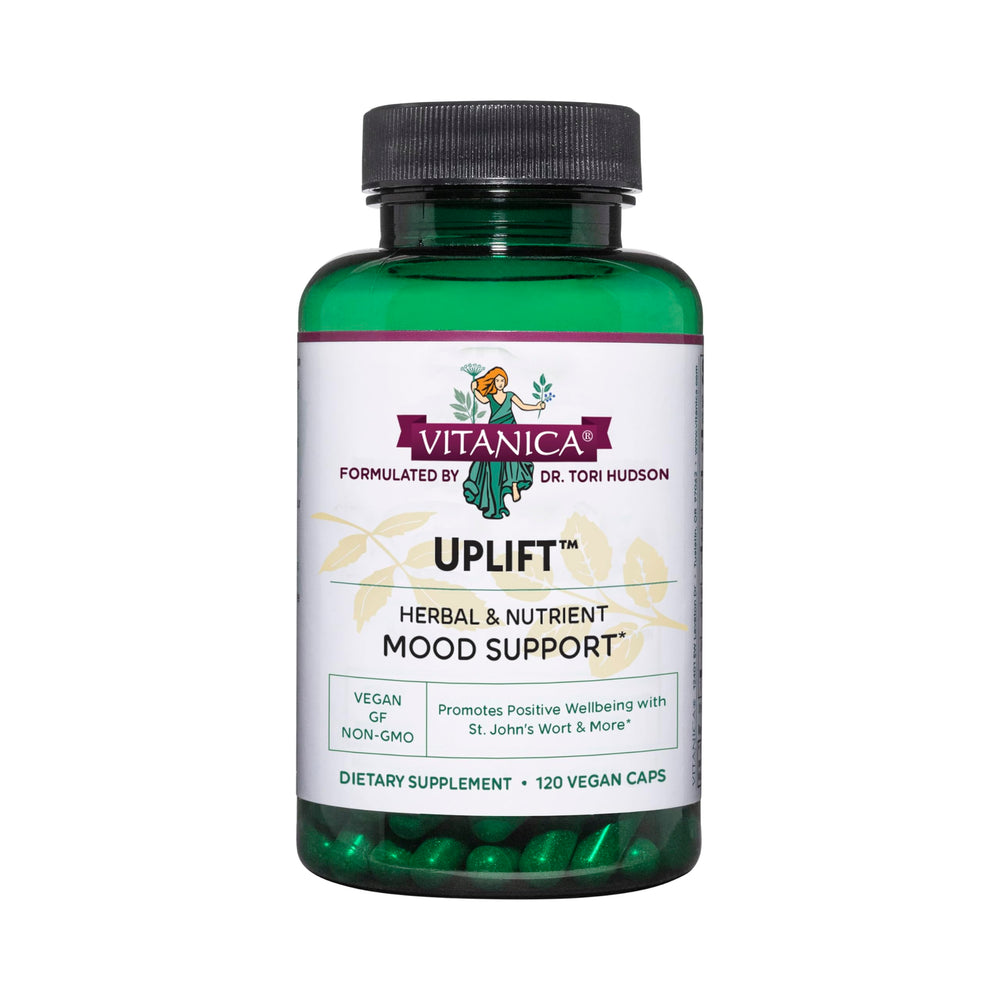 Vitanica Uplift bottle front showing vegan mood support formula