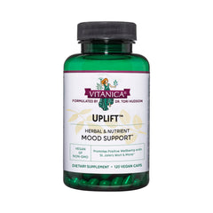 Vitanica Uplift bottle front showing vegan mood support formula