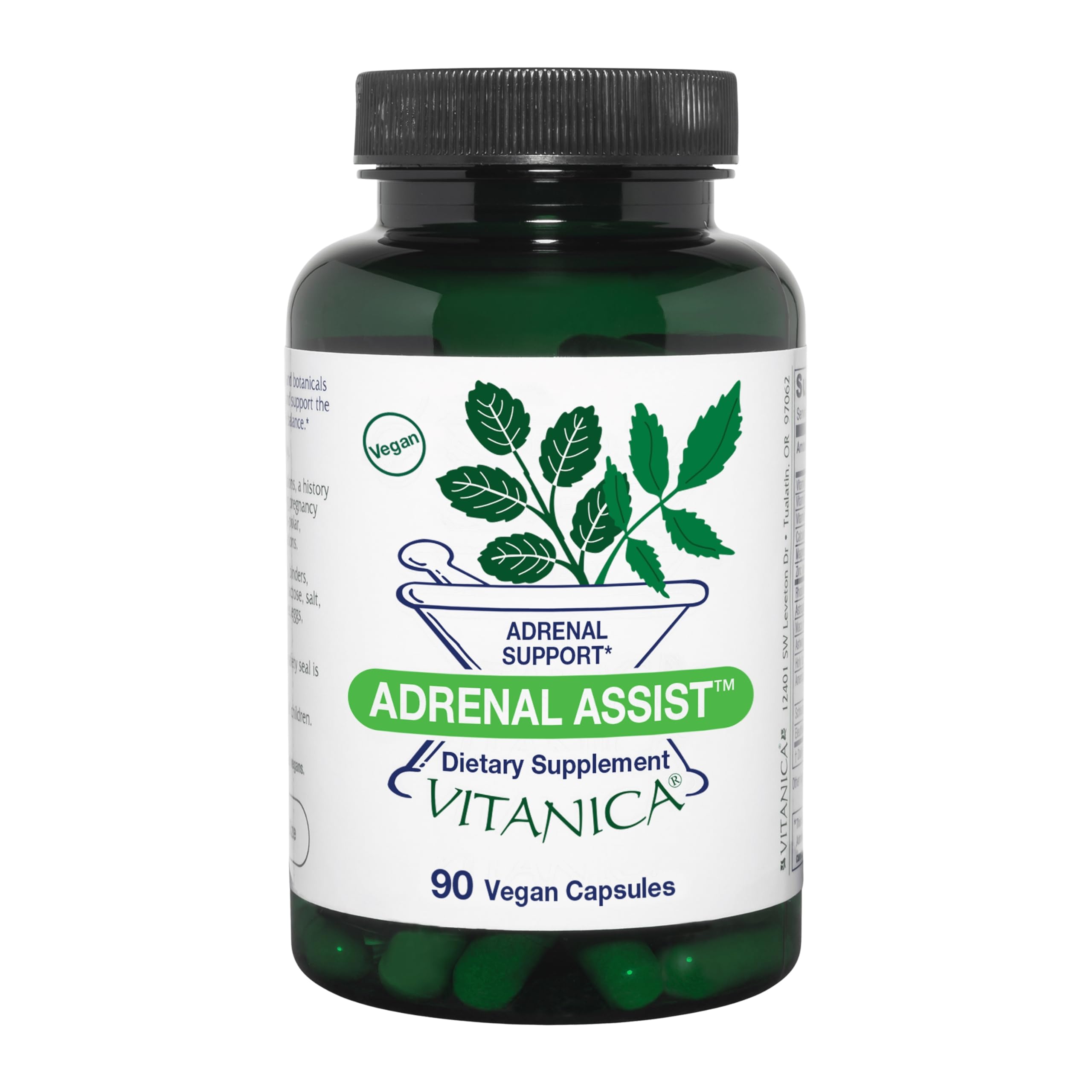 Vitanica Adrenal Assist bottle front view with vegan capsules for daily support