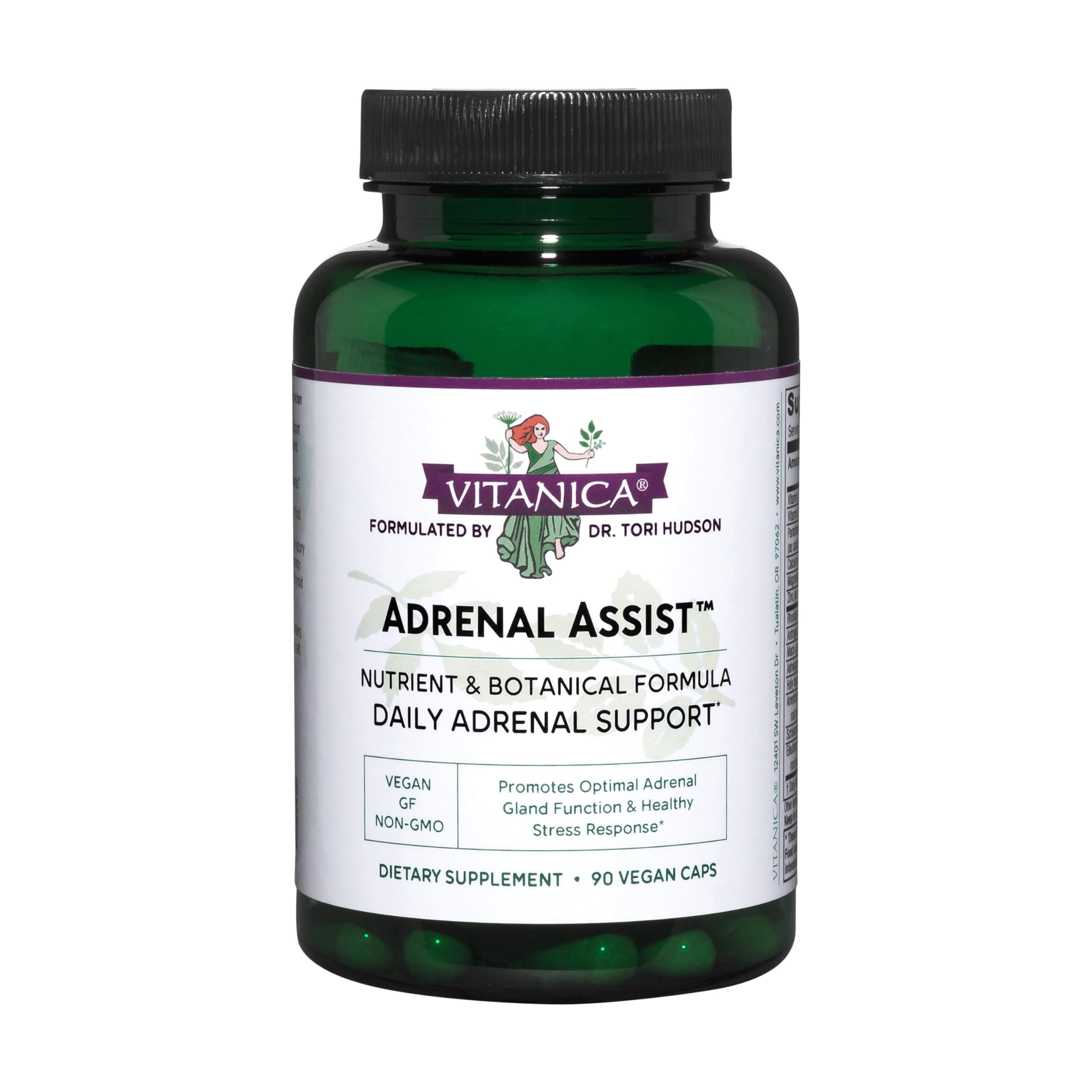 Vitanica Adrenal Assist bottle front shows vegan capsules for daily stress support