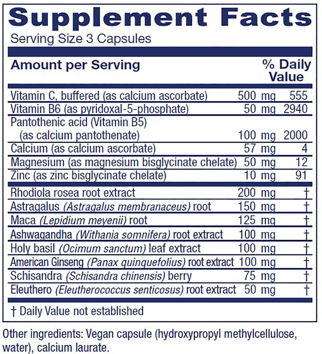 Vitanica Adrenal Assist bottle label close-up highlighting nutrients for adrenal function