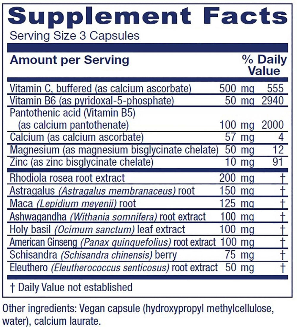 Vitanica Adrenal Assist bottle label close-up highlighting nutrients for adrenal function