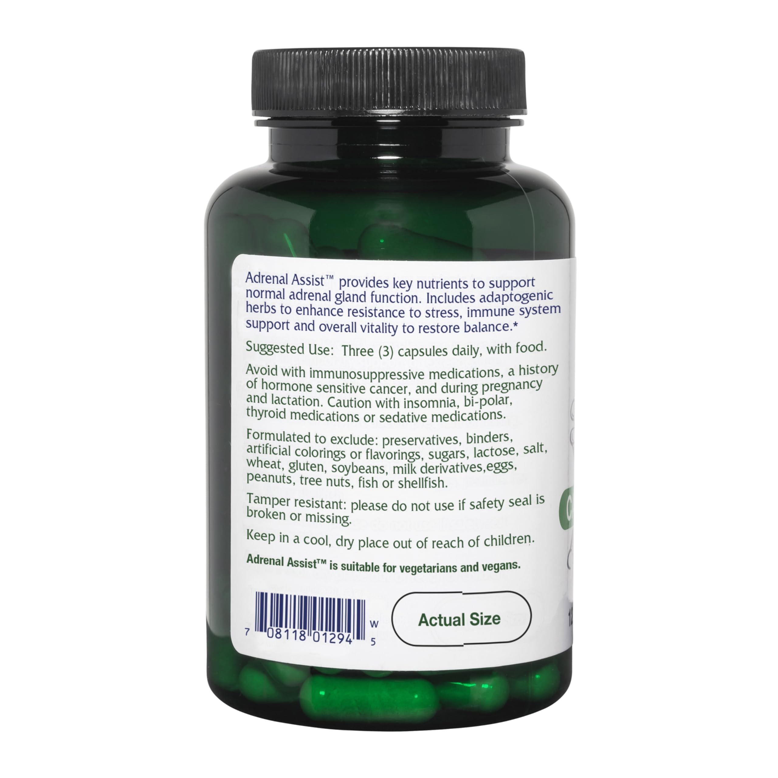 Vitanica Adrenal Assist capsules shown, easy-to-swallow vegan supplement