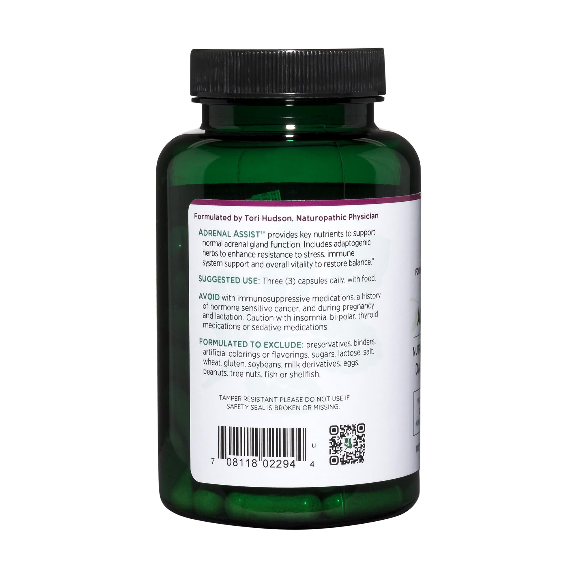 Vitanica Adrenal Assist capsules resting in a bottle, easy to swallow