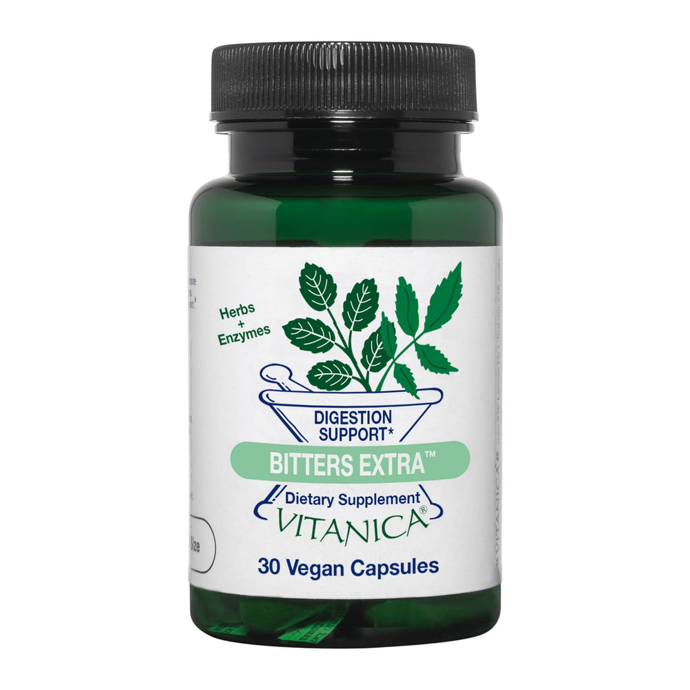 Vitanica Bitters Extra bottle front view showing daily digestion support.