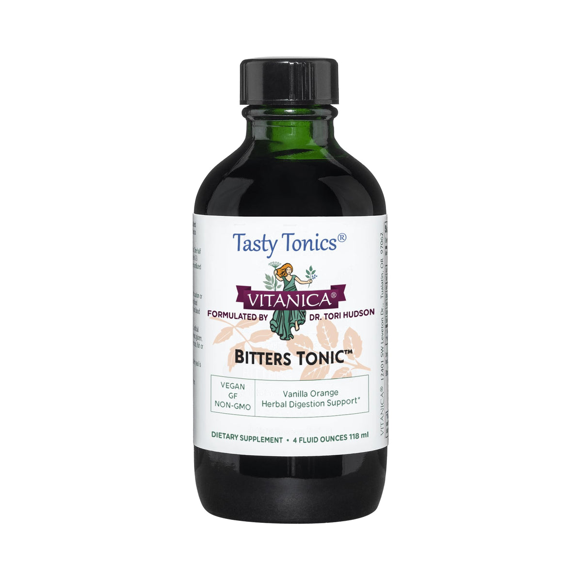 Vitanica Bitters Tonic bottle with vanilla orange aroma for daily digestion support.
