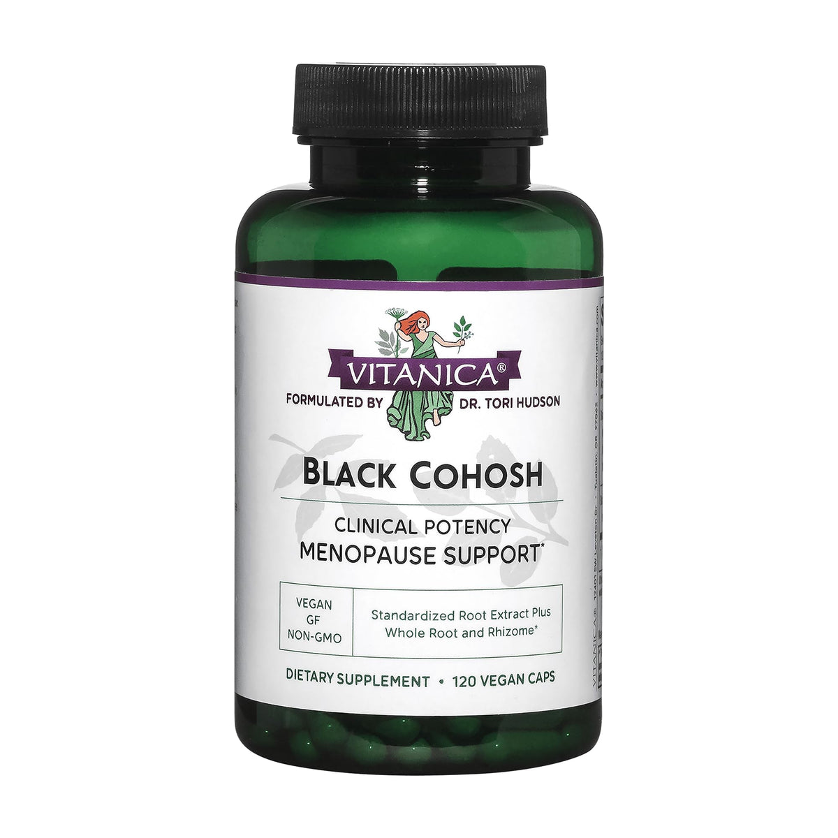 Vitanica Black Cohosh bottle label for menopause support.
