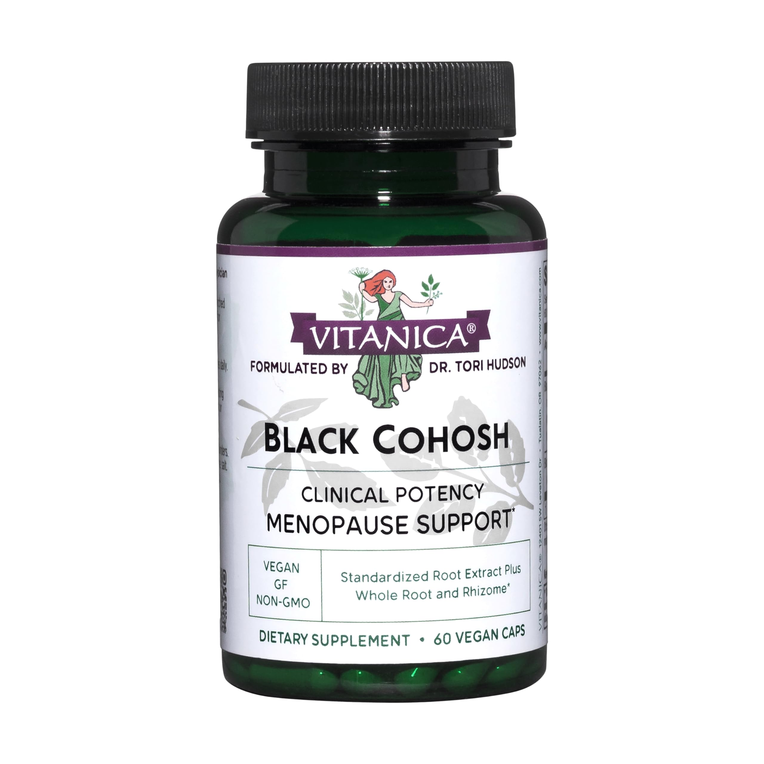Vitanica Black Cohosh bottle with vegan capsules for menopause support.