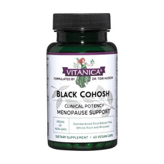 Vitanica Black Cohosh bottle with vegan capsules for menopause support.