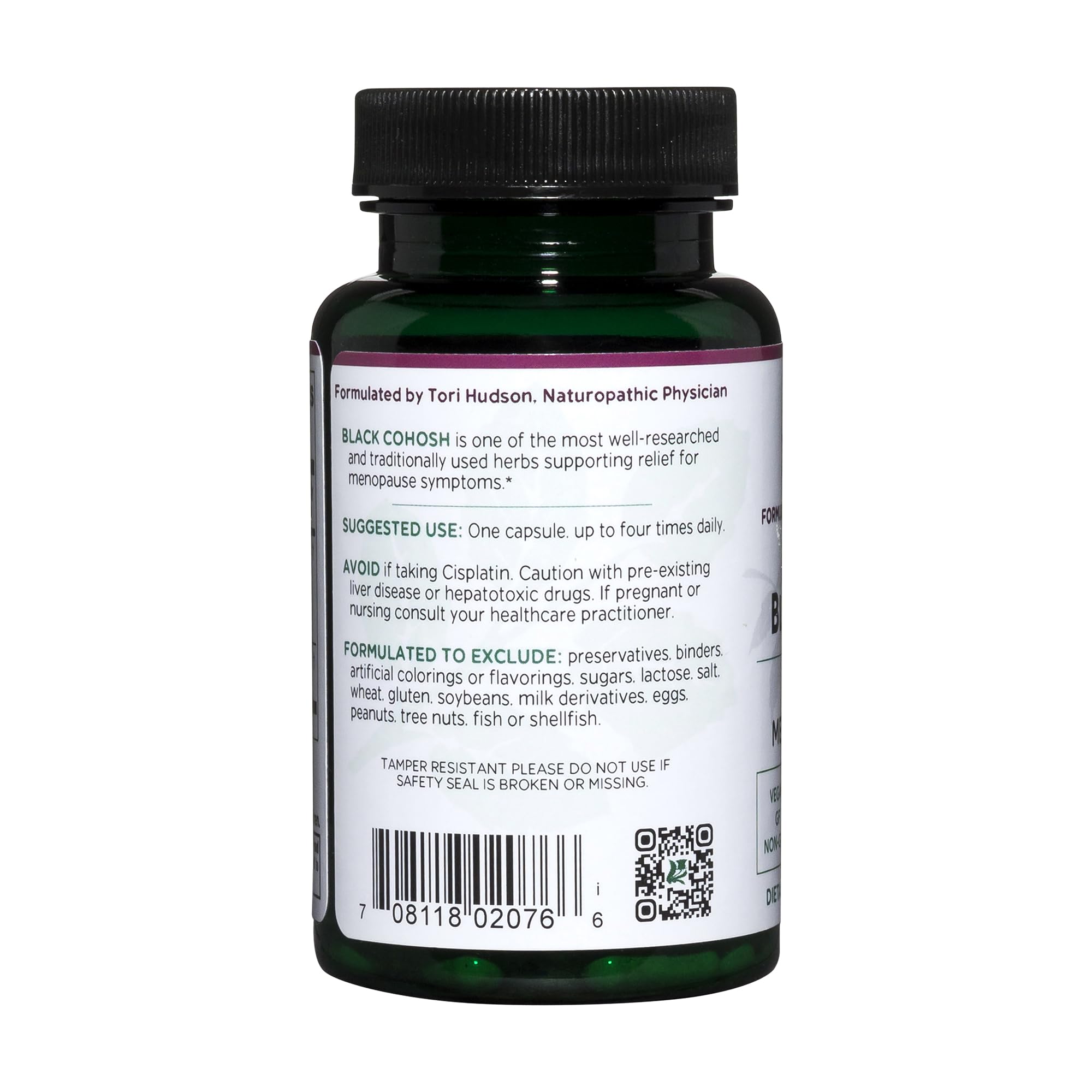 Vitanica Black Cohosh label highlights standardized extract details.