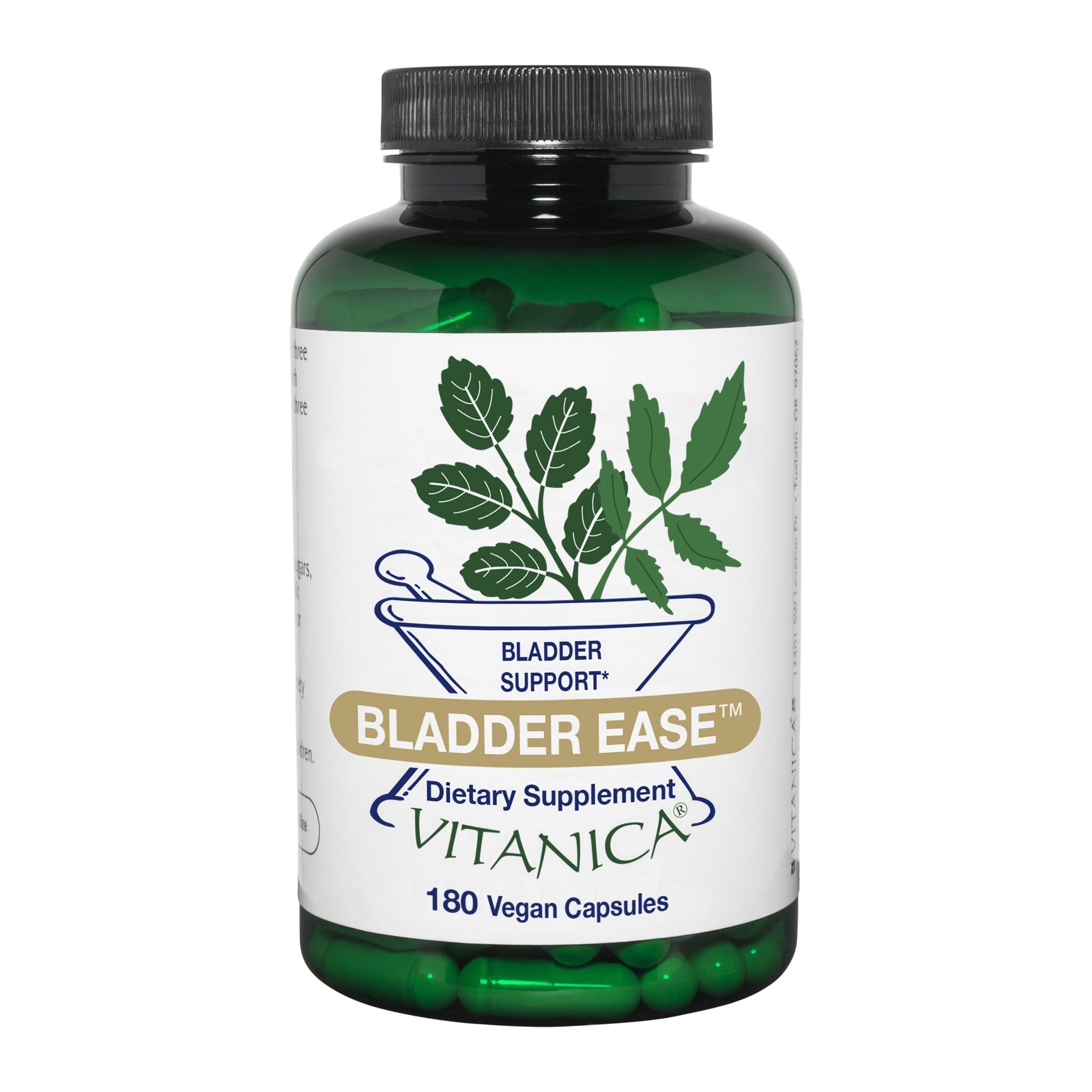 Vitanica Bladder Ease bottle front showing vegan bladder support formula for daily wellness.