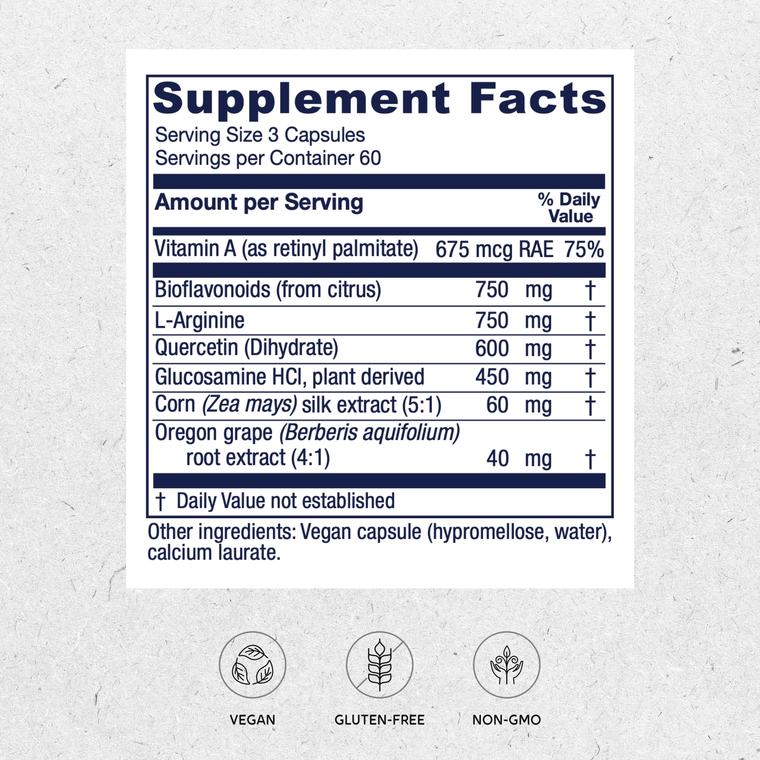 Vitanica Bladder Ease bottle label highlighting vegan ingredients and allergen-free profile.