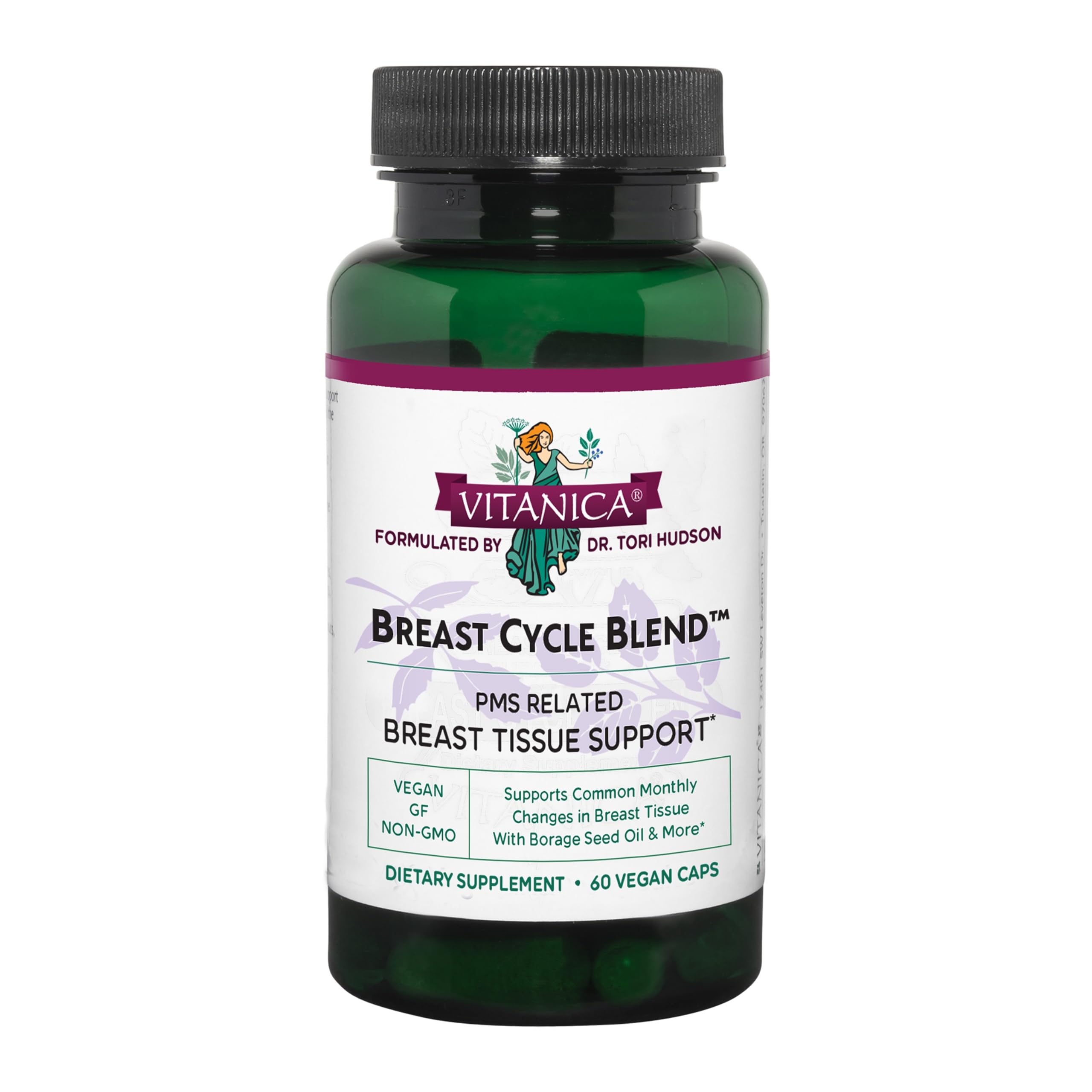 Vitanica Breast Cycle Blend bottle shows vegan capsules for daily cycle support.