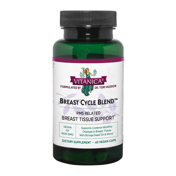 Vitanica Breast Cycle Blend bottle shows vegan capsules for daily cycle support.