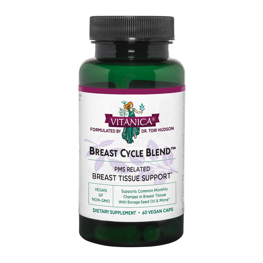 Vitanica Breast Cycle Blend bottle shows vegan capsules for daily cycle support.