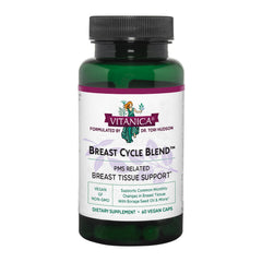 Vitanica Breast Cycle Blend bottle shows vegan capsules for daily cycle support.