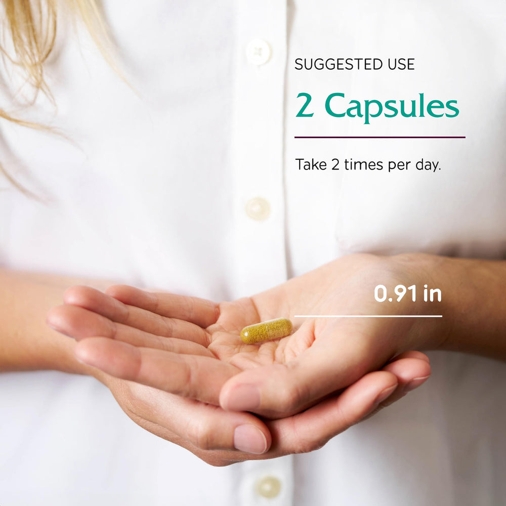 A user-friendly routine image shows taking capsules as part of daily wellness.