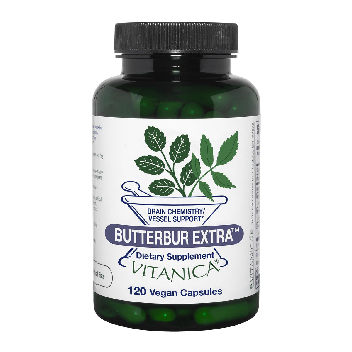 Vitanica Butterbur Extra bottle shows easy daily capsule dosing for brain and vascular support.