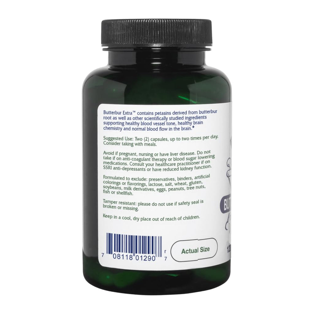 Vitanica Butterbur Extra capsules emphasize vegan, non-GMO formulation for daily use.