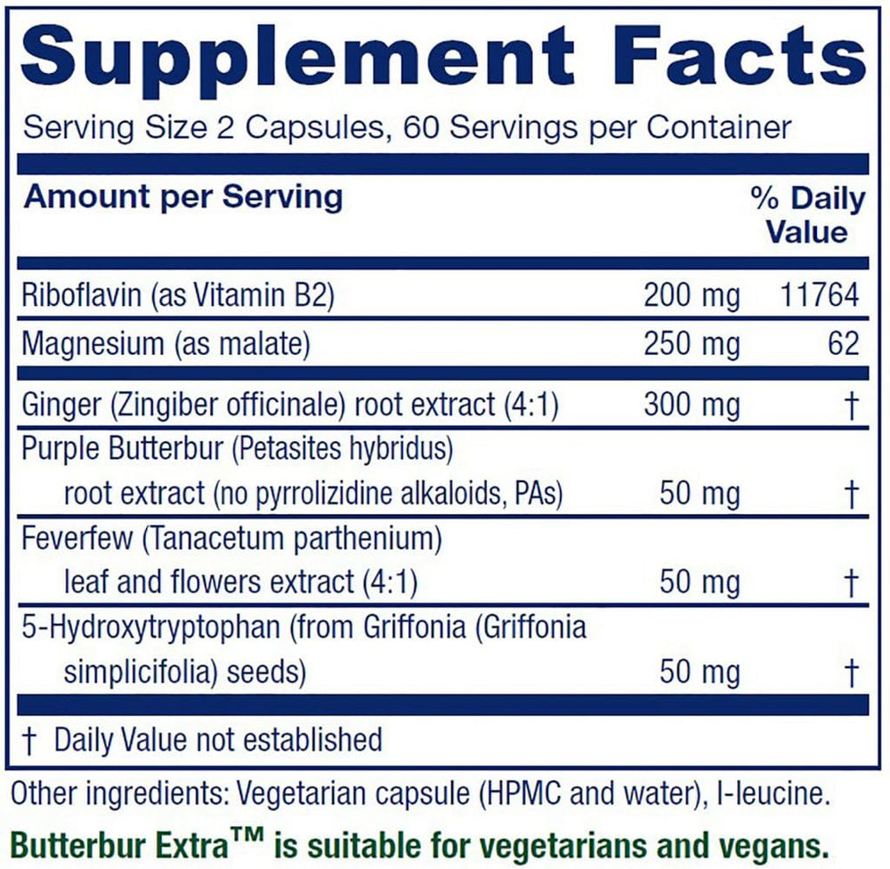 Vitanica Butterbur Extra label closeup highlights PA-free herbal sourcing and vegan credentials.