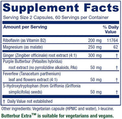 Vitanica Butterbur Extra label closeup highlights PA-free herbal sourcing and vegan credentials.