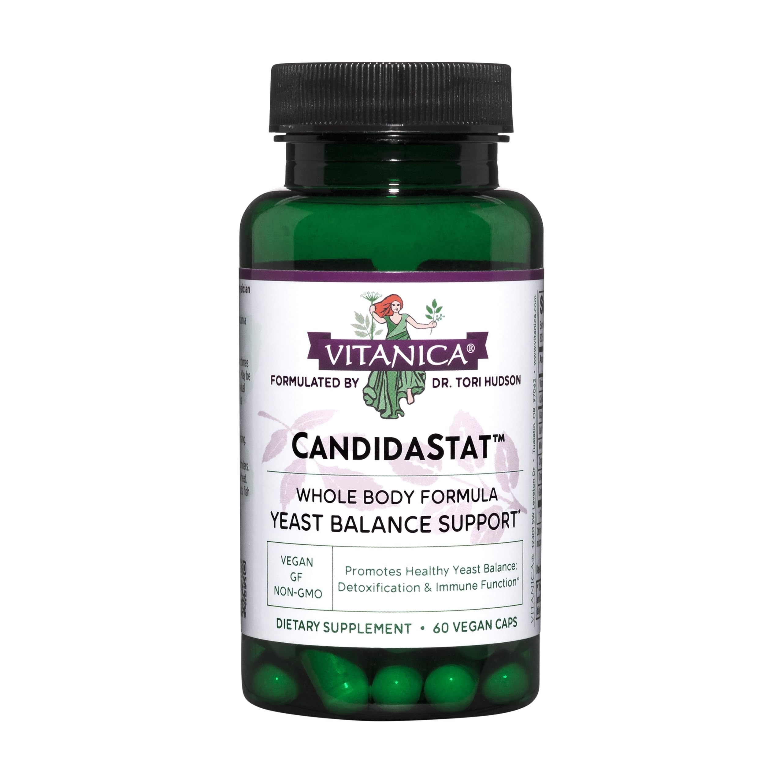 Vitanica Candidastat bottle front, vegan formula for daily wellness support.