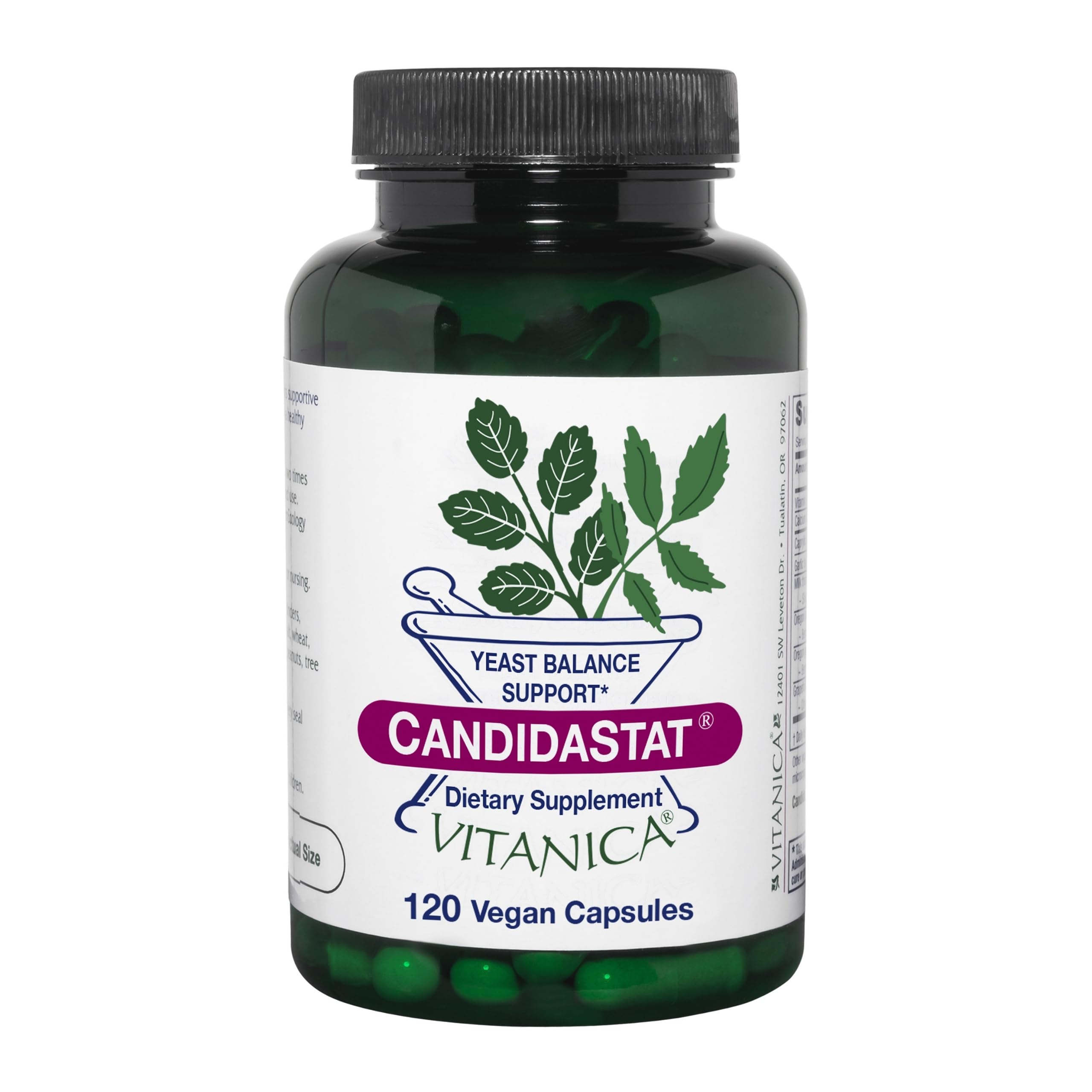 Vitanica Candidastat bottle front displaying vegan capsules for yeast balance.