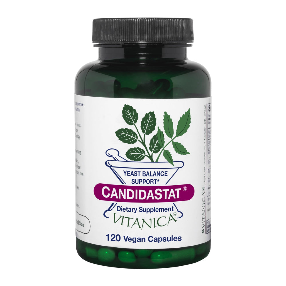 Vitanica Candidastat bottle front displaying vegan capsules for yeast balance.