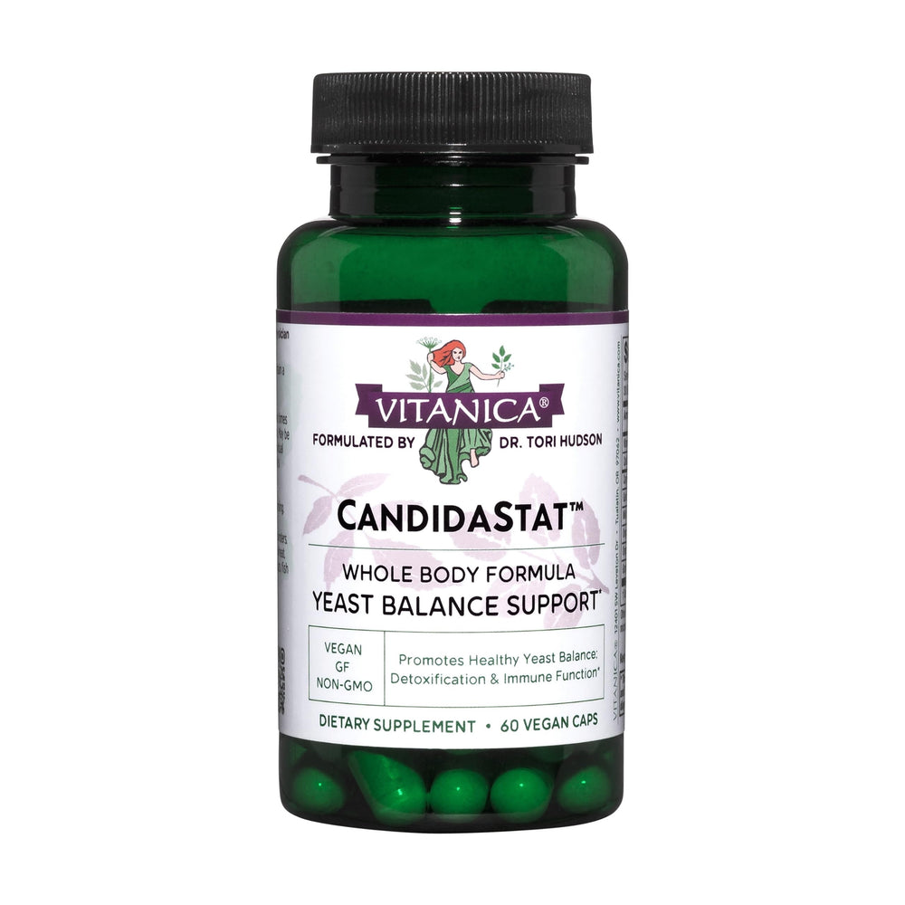 Vitanica Candidastat bottle front, vegan formula for daily wellness support.