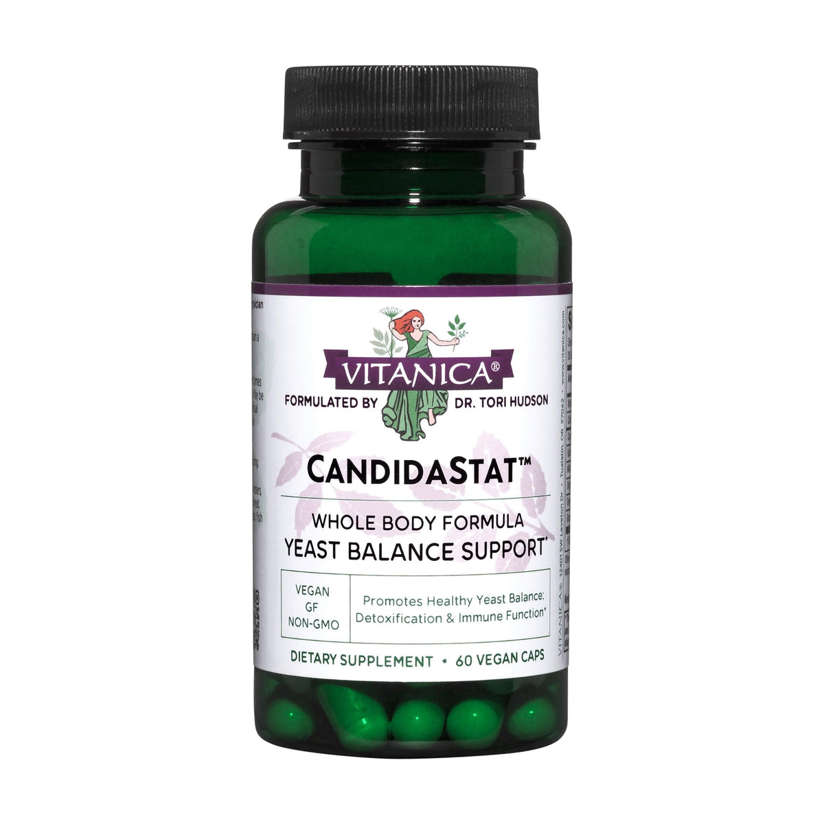 Vitanica Candidastat bottle front, vegan formula for daily wellness support.