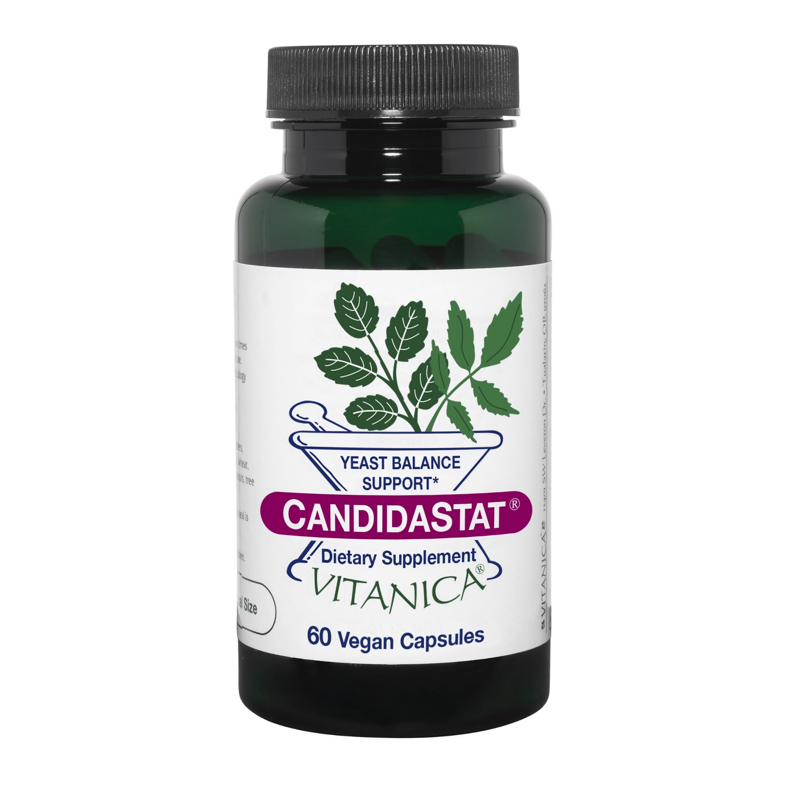 Vitanica Candidastat bottle front showing vegan formula for balanced flora