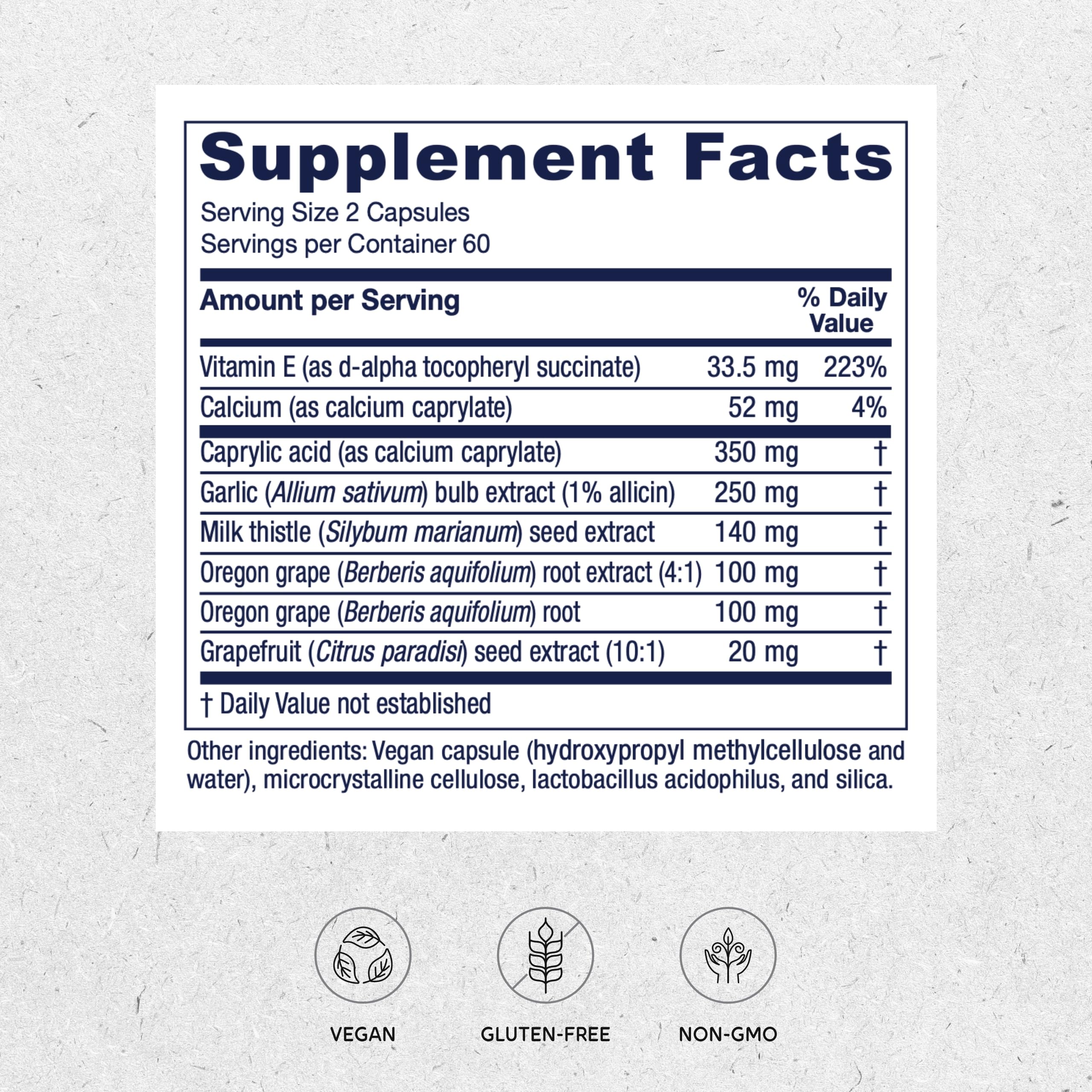 Vitanica Candidastat bottle side label with Oregon grape root and garlic extract.
