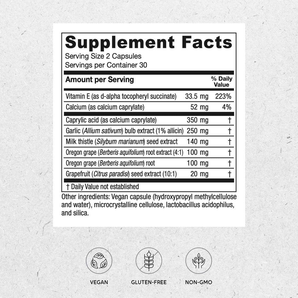 Vitanica Candidastat ingredients label, herbal blend and nutrient details.