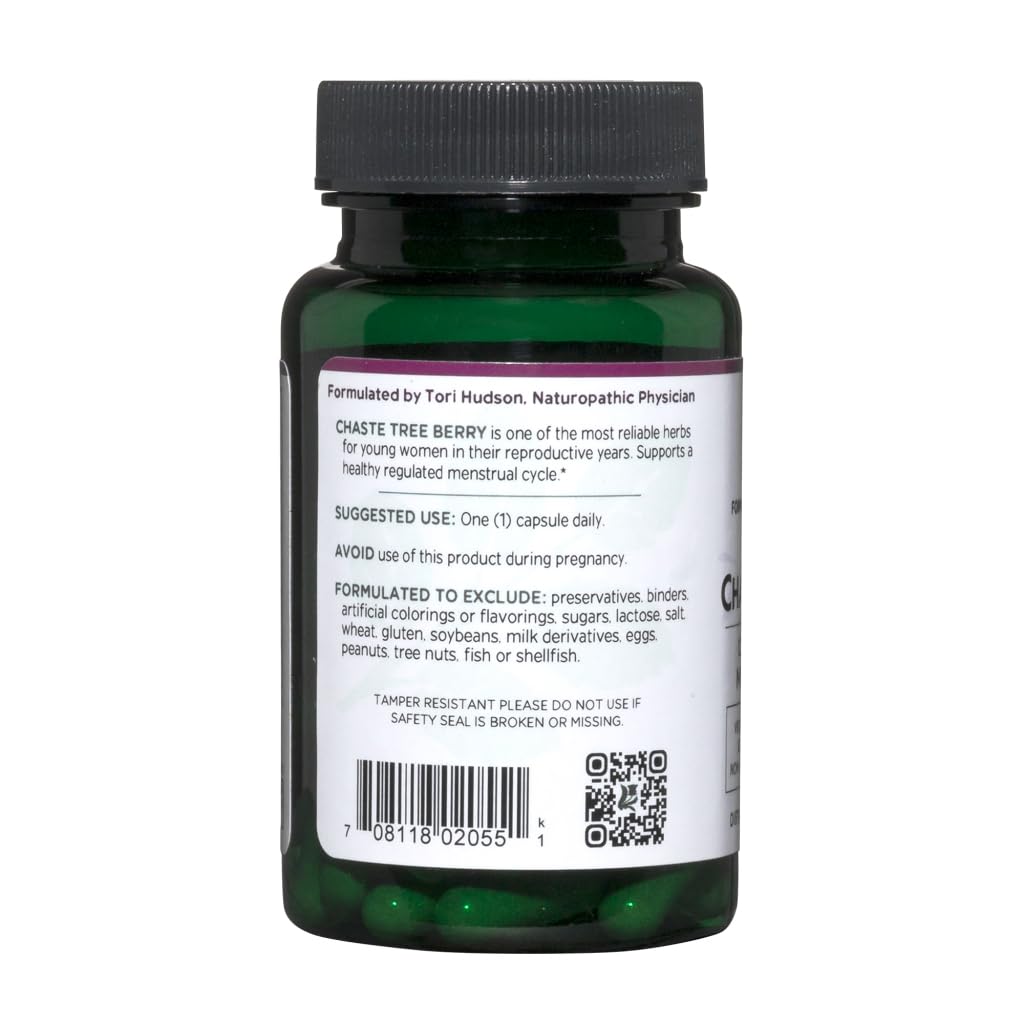 Front label of Vitanica Chaste Tree Berry bottle showing vegan, non-GMO claims