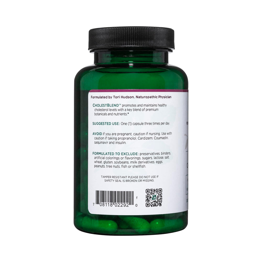 Vitanica CholestBlend label detail showcases artichoke and guggulipid ingredients.