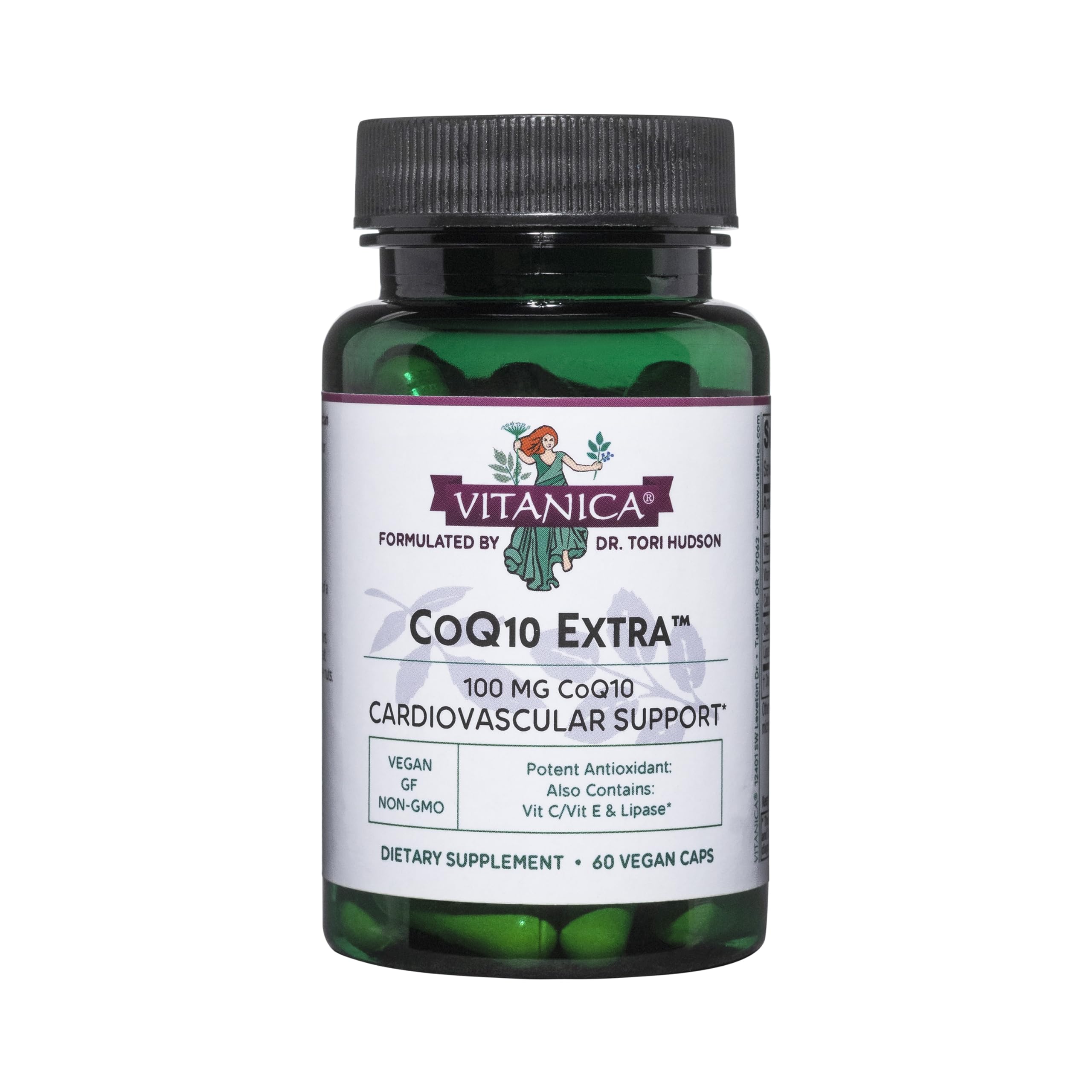 Vitanica CoQ10 Extra bottle on table signaling vegan, non-GMO daily wellness.