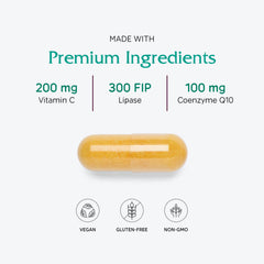 Fermentation-derived CoQ10 source graphic for Vitanica CoQ10 Extra supplement.