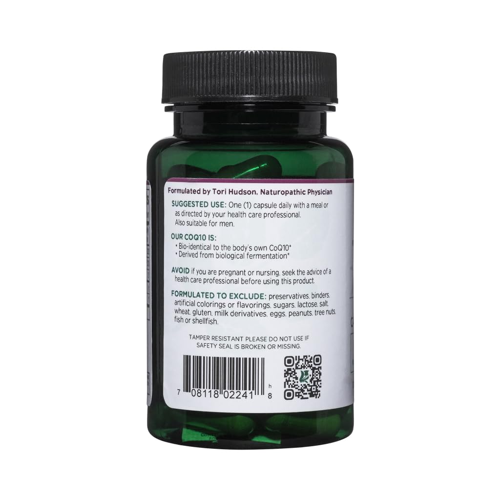 Label close-up of Vitanica CoQ10 Extra showing non-GMO and vegan-friendly attributes.