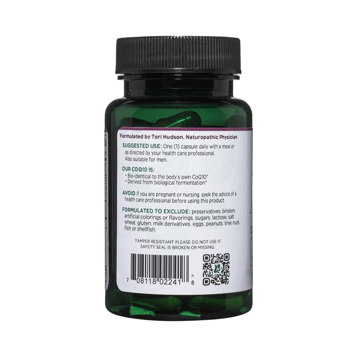Label close-up of Vitanica CoQ10 Extra showing non-GMO and vegan-friendly attributes.
