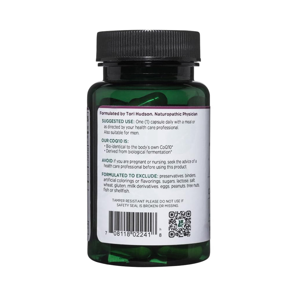 Label close-up of Vitanica CoQ10 Extra showing non-GMO and vegan-friendly attributes.