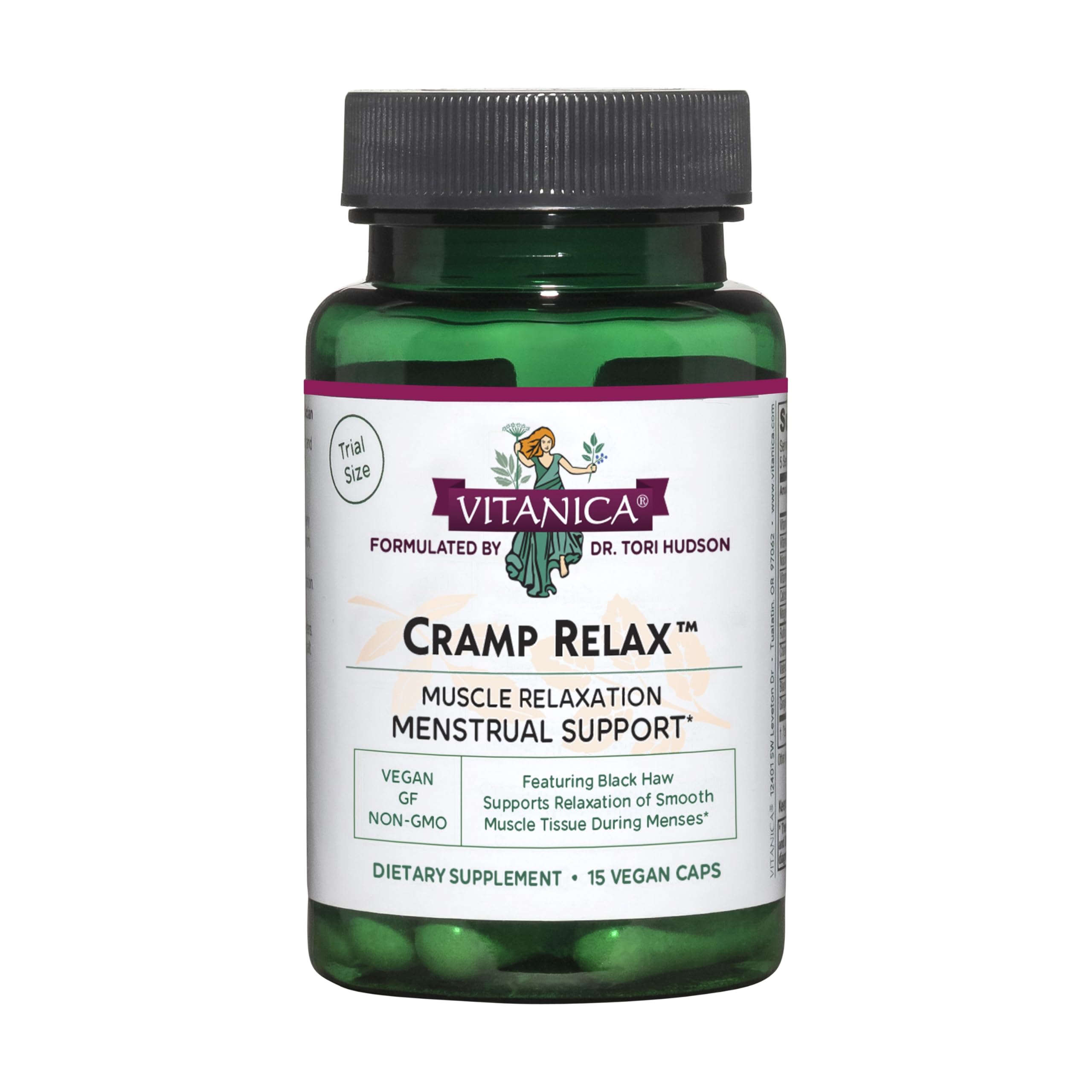 Vitanica Cramp Relax bottle for convenient menstrual comfort support.