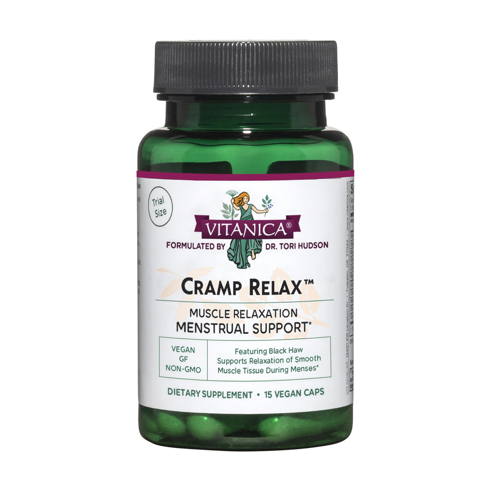 Vitanica Cramp Relax bottle for convenient menstrual comfort support.