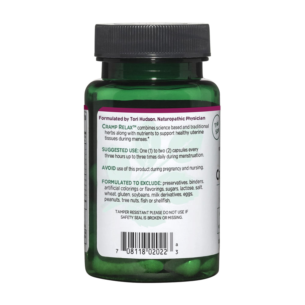 Vitanica Cramp Relax capsules close-up for vegan menstrual support option.