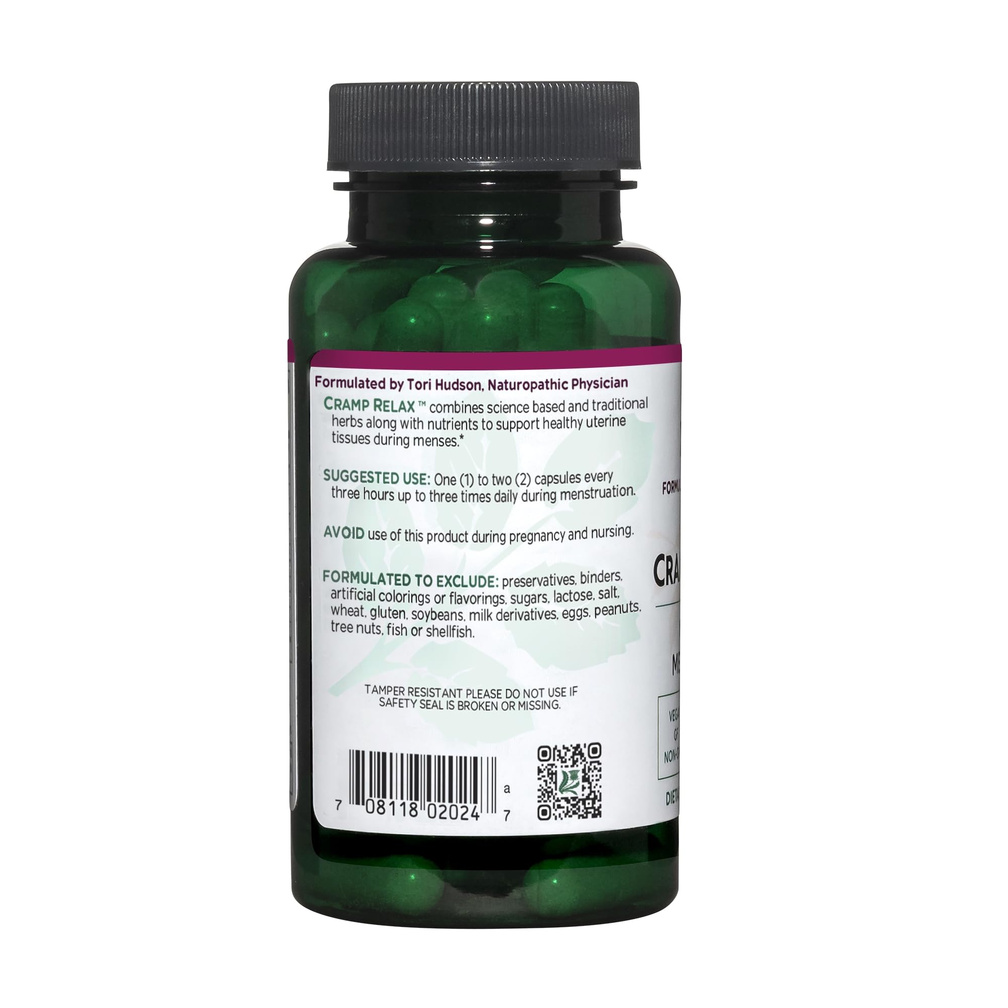 Vitanica Cramp Relax green glass packaging showcases herbal relief.
