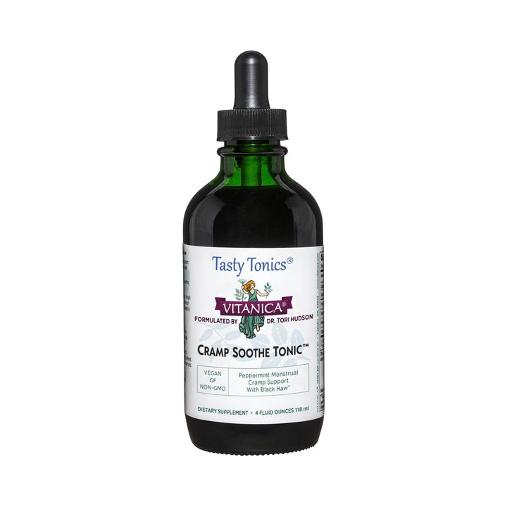 Vitanica Cramp Soothe Tonic bottle label highlighting herbal formula for menstrual support
