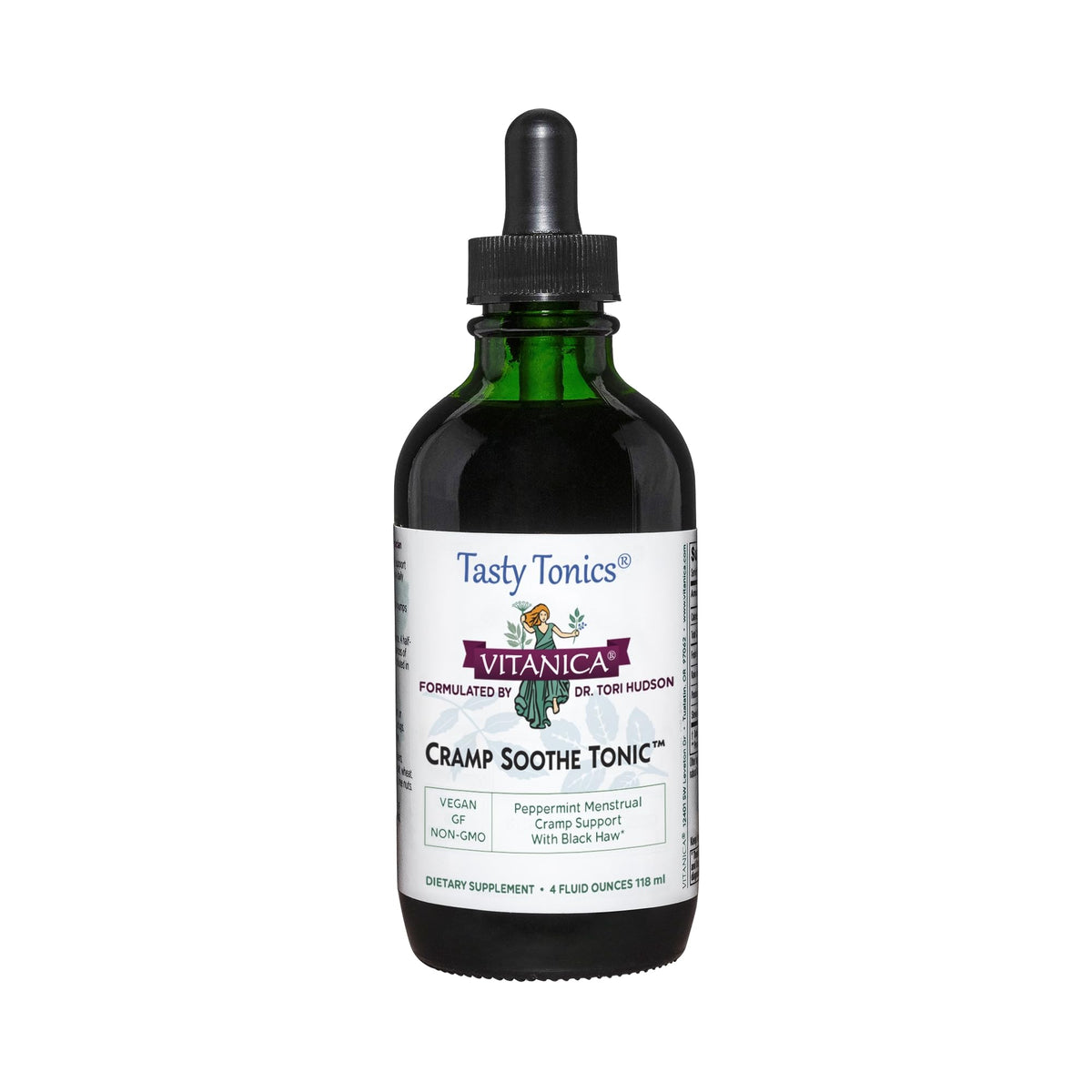 Vitanica Cramp Soothe Tonic bottle label highlighting herbal formula for menstrual support